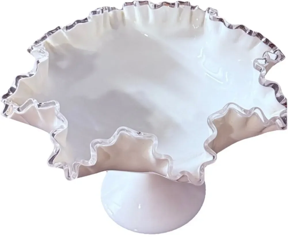 Fenton Silver Crest Milk Glass Pedestal Compote Bowl Ruffled Edge Vintage